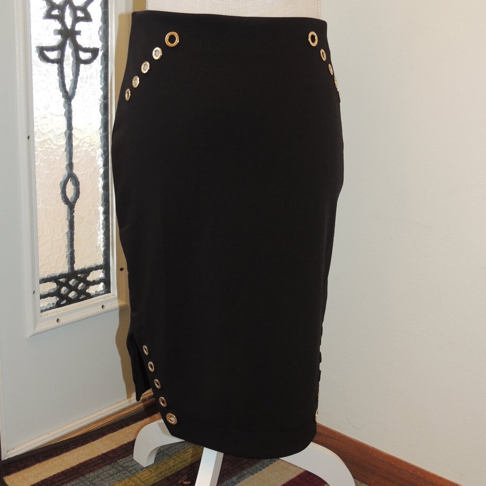Dance & Marvel Black Pencil Skirt w/ Gold Grommet Detail – Size Large